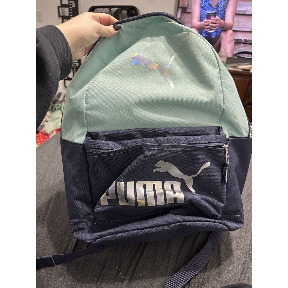 PUMA Kids Backpack Polyester Light Green Navy Blue Zip Adjustable Strap